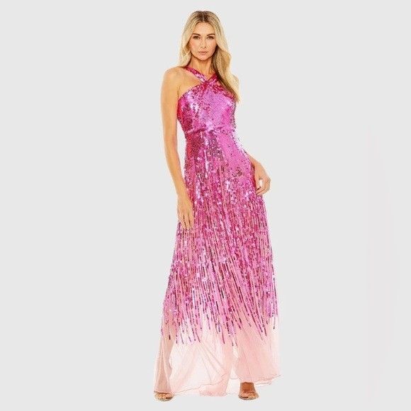 Mac Duggal Sequin Cross Front Mest Detailed Gown‎ NWT 93961 SZ 6 HOT PINK $598 - Picture 1 of 6